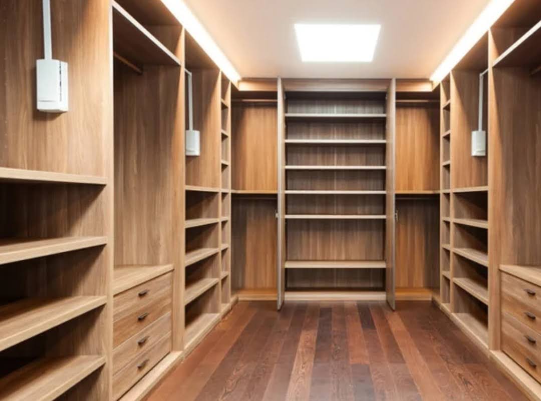 Vestidor abierto completo en madera a medida con iluminación